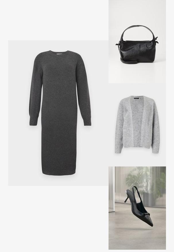 Vero Moda VMNOVAH - Strickjacke - medium grey; Dunkelgraues Strickkleid mit langen Ärmeln, rundem Ausschnitt und gerippten Bündchen. Knielang und mit glatter Textur. Einfaches Design ohne Muster.; Schwarzer, strukturierter Leder-Slingback-Hochschuh mit spitzer Spitze und einer kleinen dekorativen Schnalle, der über einem glatten Boden zu schweben scheint.; Schwarze Lederhandtasche mit strukturiertem Design, rundem Haltegriff und abnehmbarem Schulterriemen. Sie weist eine glatte Oberfläche und einen subtilen Glanz auf.