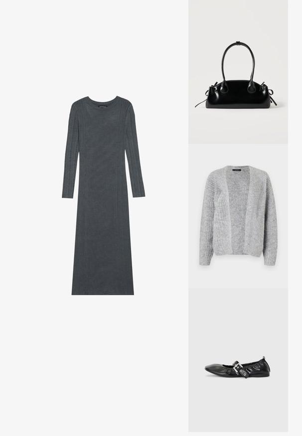 Vero Moda VMNOVAH - Cardigan - medium grey; Langærmet, mørkegråt kjole lavet af blødt strikmateriale. Har teksturerede lodrette striber langs ærmerne og kroppen. Rund halsudskæring.; Sorte læder flade sko med spids tå, samling detaljer omkring åbningen, og en sølv spænde accent på den justerbare rem.; Lille sort blank håndtaske med to lange håndtag og snøre-detaljer i siden på en ensfarvet lys baggrund.
