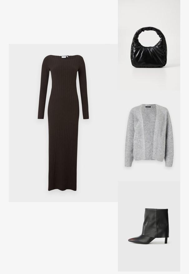 Vero Moda VMNOVAH - Kardigan - medium grey; Pikk tumepruuni värvi kitsa lõikega soonikkoes kleit, millel on pikad varrukad ja paadi kaelus. Sile tekstuur ja põrandani ulatuv disain.; Must nahast mustad pahkluu saapad, millel on terav nina ja kitsenev konts. Ülemine osa on kergelt kogutud disainiga.; Must mustaga, millel on ümar käepide, särav ja sile pind ning pehme quiltitud tekstuur. Nähtavaid metallosi ega aktsente ei ole.