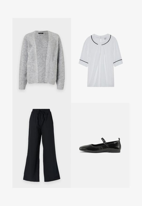 Vero Moda VMNOVAH - Cardigan - medium grey; Hvid kortærmet bluse med rund halsudskæring, der har sort kant langs kraven og ærmerne, samt en nøglehulslukning i ryggen.; Sorte breddebenede bukser lavet af letvægtsstof, med en elastisk talje med snor og en glat tekstur.; Sorte patentlæder flade sko med spidse tæer, en ankelrem med spænde og en glat, blank tekstur. Lav hæl for komfort.