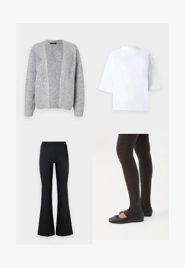 Vero Moda VMNOVAH - Cardigan - medium grey; Hvid bomulds t-shirt med korte ærmer, høj, rund hals og løs pasform. Glat tekstur uden synlige mønstre eller detaljer.; Sorte flared bukser lavet af et glat, strækbart stof. Har en høj talje og flared nederkant for et tætsiddende look. Enkel design.; Ben iført mørke ribbede leggings kombineret med sorte balletsko med små sløjfedetaljer på hvid baggrund.