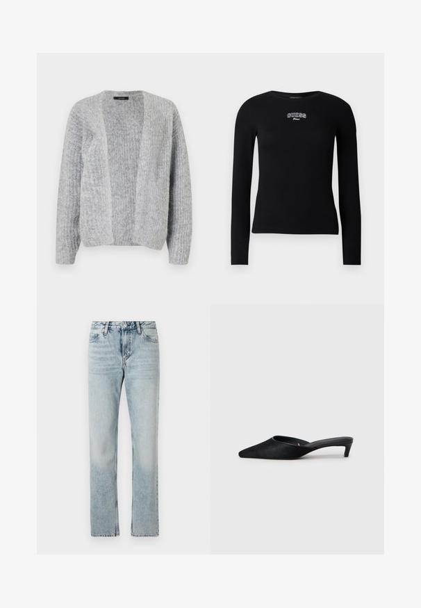 Vero Moda VMNOVAH - Kardigan - medium grey; Mustad pikkade varrukatega t-särk soonikkoes riidest, ümmarguse kaelusega. Rinnal on tikitud "GUESS Jeans" logo.; Heledad sinise värvi sirged teksapüksid, valmistatud denimist, mis on kergelt tuhmiks kulunud. Pükstele on lisatud tavaline talje, vööloopid ja ülemine nööp.; Mustad nahast mules terava ninaga ja madala kontsaga. Omab sileda tekstuuri ja avatud tagaosa mugavaks selga panemiseks. Lihtne disain, ilma mustriteta.
