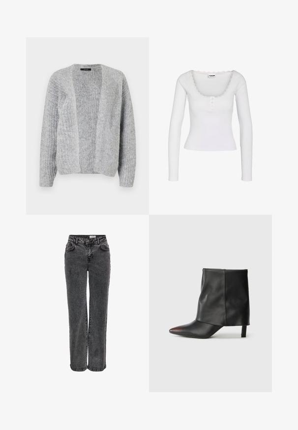 Vero Moda VMNOVAH - Neuletakki - medium grey; Valkoinen pitkähihainen ribbipaita, jossa pyöreä pääntie, kolme pientä nappia edessä ja pitsireunus kauluksessa.; Mustat farkut suoran lahkeen designilla, joissa on etutaskut, vyölenkit ja hienovarainen haalistunut pinta.; Musta nilkkurit sileästä nahasta, joissa on kärkikärki ja kapeat korot. Päällinen on hieman poimutettu.