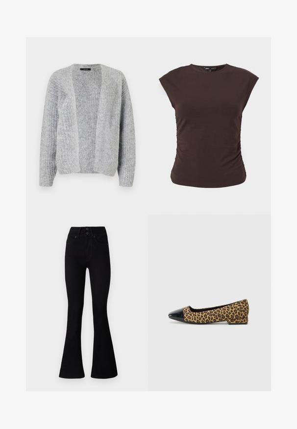 Vero Moda VMNOVAH - Vest - medium grey; Donkerbruin mouwloos nauwsluitend topje met lichte plooitjes aan de zijkanten en een ronde halslijn.; Pepe Jeans FLARE CONTOUR - Flared Jeans - black denim; Leopardprint platte schoen met een zwarte lakleren neuskap en afwerking; lage hak met een gestructureerde bovenkant en gladde, glanzende accenten.