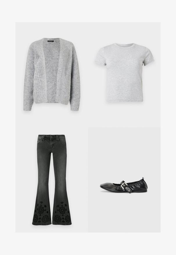 Vero Moda VMNOVAH - Strickjacke - medium grey; Hellgraues T-Shirt mit kurzen Ärmeln und Rundhalsausschnitt, mit einer weichen, melierten Textur, vor einem schlichten weißen Hintergrund dargestellt.; Schwarze Schlagjeans mit einem ausgewaschenen Finish; am Saum mit schwarzen, bestickten Blumenmustern verziert; Denim-Material mit glatter Textur.; Schwarze Leder-Ballerinas mit spitzem Zehenbereich, gerafften Details am Schaft und einem silbernen Schnallenakzent am verstellbaren Riemen.