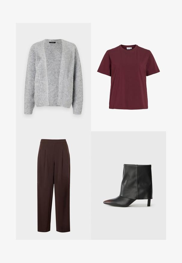 Vero Moda VMNOVAH - Cardigan - medium grey; Simpel kortærmet t-shirt med rund hals i ensfarvet mørk bourgogne, vist på hvid baggrund uden mønstre eller logoer.; Mørkebrune højtaljede skræddersyede bukser med forreste læg og lige, let tilspidsede ben på en ensfarvet baggrund.; Sort ankelstøvle lavet af glat læder med spids tå og tilspidset hæl. Overdelen har et let rynket design.
