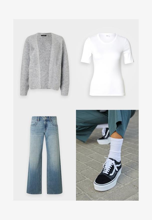 Vero Moda VMNOVAH - Cardigan - medium grey; Hvid T-shirt med korte ærmer lavet af glat bomuld, med rund halsudskæring og en tætsiddende pasform. Klassisk design uden mønstre eller detaljer.; Lyseblå jeans med vide ben og falmet finish, med knaplukning, fem lommer og syning langs sømmene.; Sorte ruskinds sneakers med hvide accenter og snørebånd, der har en tyk hvid sål og kontrasterende syninger, parret med en hvid sok.