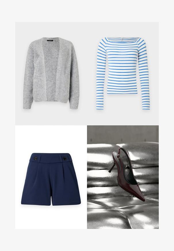 Vero Moda VMNOVAH - Kardigan - medium grey; Pikkade varrukatega pluus paatkurruga kaelusega, millel on horisontaalsed sinised ja valged triibud. Valmistatud pehmest kangast ja tiheda lõikega.; Tumedast sinine kohandatud lühikesed püksid, mis on valmistatud kergest materjalist, millel on kaks esist pletti ja kaks musta nööpi vöökohtade peal.; Tumepunase värviga kõrge kontsaga slingback king, millel on terav nina ja mis paikneb läikival metallhalli pehme pinnal.