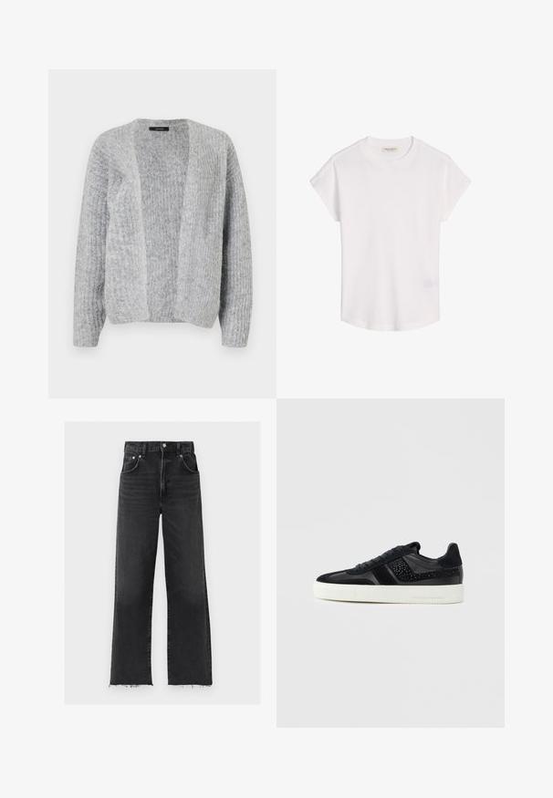 Vero Moda VMNOVAH - Kardigan - medium grey; Valge lühikeste varrukatega ümara kaelusega T-särk, millel on veidi kaardus alläär ja kaela siseküljel nähtav kaubamärgi silt.; Mustad kõrge vöökohaga laia säärega teksad, viie taskuga, hõbedane nööp, tõmblukk ja töödeldud äralõigatud äär.; Mustad tossud, mis on valmistatud sileda naha ja seemisnaha segust, millel on tekstuuriga paneel ja valge kummist madala profiiliga tallaga.