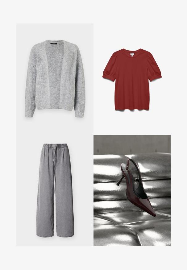 Vero Moda VMNOVAH - Kardigan - medium grey; Roostevärvi punane lühikeste varrukatega pluus, millel on õhupallist varrukad, ümara kaelusega ja istuva mansetiga detailid.; Laiade hallid teksapüksid, millel on elastne vöökoht ja nöörkinnitusega sulgumine, asetatud tasasele valgele taustale.; Tumepunase värviga kõrge kontsaga slingback king, millel on terav nina ja mis paikneb läikival metallhalli pehme pinnal.