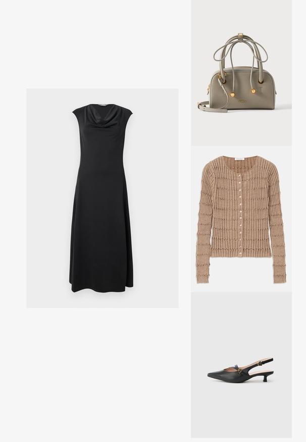 Beige Rippen-Strickjacke aus weichem Material, mit rundem Ausschnitt und Knopfverschluss, versehen mit einem strukturierten Muster und langen Ärmeln.; Ärmelloses schwarzes Midikleid mit einem drapierten Wasserfallausschnitt und einem leicht ausgestellten Saum, dargestellt vor einem schlichten Hintergrund.; Schwarzer Slingback-Pumps aus Leder mit spitzer Zehenpartie, niedrigem Absatz, Cut-out-Design und goldfarbenem Schnallendetail am Riemen.; Kleine graue Lederhandtasche mit doppelten Griffen, goldenen Akzenten, Zugbanddetail und „Furla“-Logo vorne.