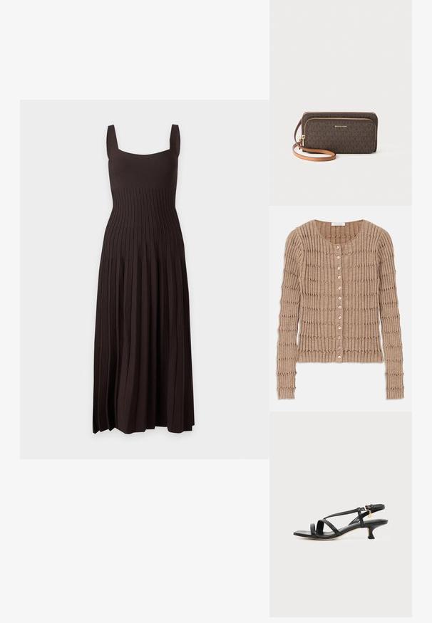 Beige ribbet cardigan lavet af blødt stof, med rund halsudskæring og knaplukning, med et struktureret mønster og lange ærmer.; Ærmeløs mørkebrunt midi-kjole med firkantet halsudskæring og lodret ribstrikket tekstur, der strækker sig fra taljen til kanten.; Sort læder sandal med lav, tynd hæl, ankelspænde og lille guldkæde mod en lys, ensartet baggrund.; Brun mønstret pung med lynlåslukning, gyldent hardware og en aftagelig beige rem. Har "MICHAEL KORS" logoen på fronten.
