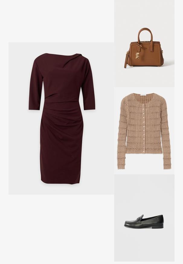 Beige geribde cardigan van zachte stof, met een ronde halslijn en knoopsluiting, voorzien van een textuurpatroon en lange mouwen.; Donker kastanjebruine knielange jurk met driekwart mouwen en subtiele plooitjes aan de taille en halslijn.; Zwarte leren instappers met een ronde neus, verhoogde stiksel details en een lage gestapelde hak. Gladde textuur met een subtiele glans.; Bruine leren Michael Kors handtas met dubbele handvaten, gouden MK logo bedel en ritssluiting bovenaan op een effen witte achtergrond.