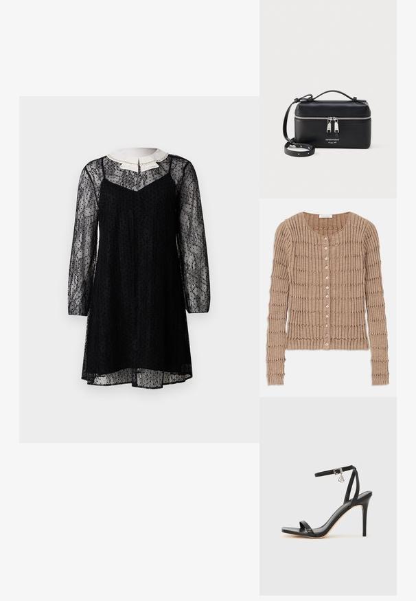 Cárdigan de canalé beige hecho de una tela suave, con un cuello redondo y cierre de botones, con un patrón texturizado y mangas largas.; Vestido de encaje negro con mangas largas, tela transparente y un cuello blanco. Presenta un patrón delicado y una forma sutil en línea A.; Sandalia de tacón alto negra con una estrecha correa en el tobillo, punta cuadrada, material de cuero liso y detalle de hebilla metálica.; Bolso bandolera rectangular de piel negra con doble cremallera plateada y correa ajustable, con el logo de Emporio Armani y el texto Milano 1981.