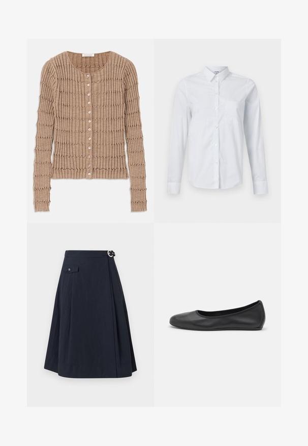 Beige geribde cardigan van zachte stof, met een ronde halslijn en knoopsluiting, voorzien van een textuurpatroon en lange mouwen.; Witte longsleeve overhemd van katoen, met kraag, knoopsluiting aan de voorkant en een borstzak. Gladde textuur. Geen patronen.; Navyblauwe A-lijn rok met een zijknoopsluiting, voorzien van een voorzak en een soepele, lichte stof met een lichte glans.; Zwarte leren ballerina met een ronde neus, gladde textuur, minimale stikdetails en een flexibele zoolontwerp.