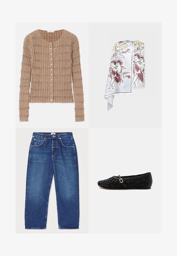 Beige Rippen-Strickjacke aus weichem Material, mit rundem Ausschnitt und Knopfverschluss, versehen mit einem strukturierten Muster und langen Ärmeln.; Seidenschal mit handgezeichneten Cherubinen, die Instrumente spielen und fliegen, in sanften Pastellfarben mit schwarzem Rand auf weißem Hintergrund.; Citizens of Humanity DAHLIA IN CLAREMONT - Jeans Relaxed Fit - dark-blue denim; Schwarzer gewebter flacher Schuh mit kleinem Riemen und goldener Schnalle, abgerundeter Spitze und massivem Absatz vor weißem Hintergrund.