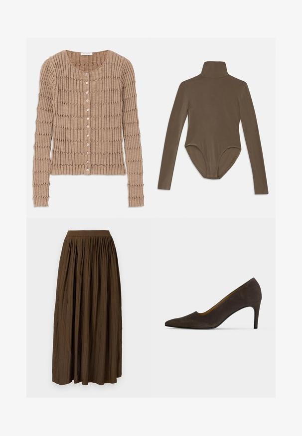 Beige Rippen-Strickjacke aus weichem Material, mit rundem Ausschnitt und Knopfverschluss, versehen mit einem strukturierten Muster und langen Ärmeln.; Langarm-Bodysuit aus dunkelbraunem Stoff mit hohem Kragen, glatter Textur und tiefem Rückenausschnitt für eine enge Passform.; Brauner, plissierter Maxirock mit breitem, elastischem Bund und strukturiertem Stoff, der vertikale Falten für zusätzlichen Detailreichtum und Bewegungsfreiheit bietet.; Dunkelbrauner High Heel mit spitzer Kappe, glatter Oberfläche und schmalem Absatz auf einfarbig hellem Hintergrund.