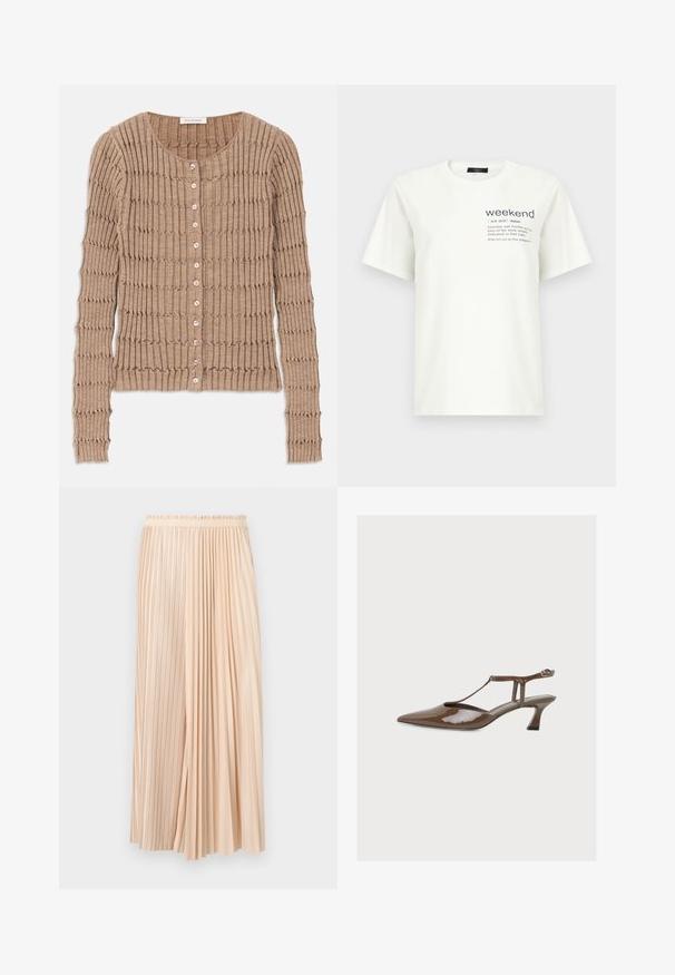Beige Rippen-Strickjacke aus weichem Material, mit rundem Ausschnitt und Knopfverschluss, versehen mit einem strukturierten Muster und langen Ärmeln.; Weißes T-Shirt mit kurzen Ärmeln und dem Aufdruck "Weekend" sowie dessen Definition auf der oberen linken Brustseite.; Beiger zweifarbiger plissierter Midirock mit elastischem Bund, der feine und breite Falten für einen fließenden, strukturierten Look kombiniert.; Brauner Lackleder Slingback-Pumps mit spitzer Zehenkappe, T-Riemen, kleinem gebogenem Absatz und Knöchelschnalle auf einfarbigem Hintergrund.