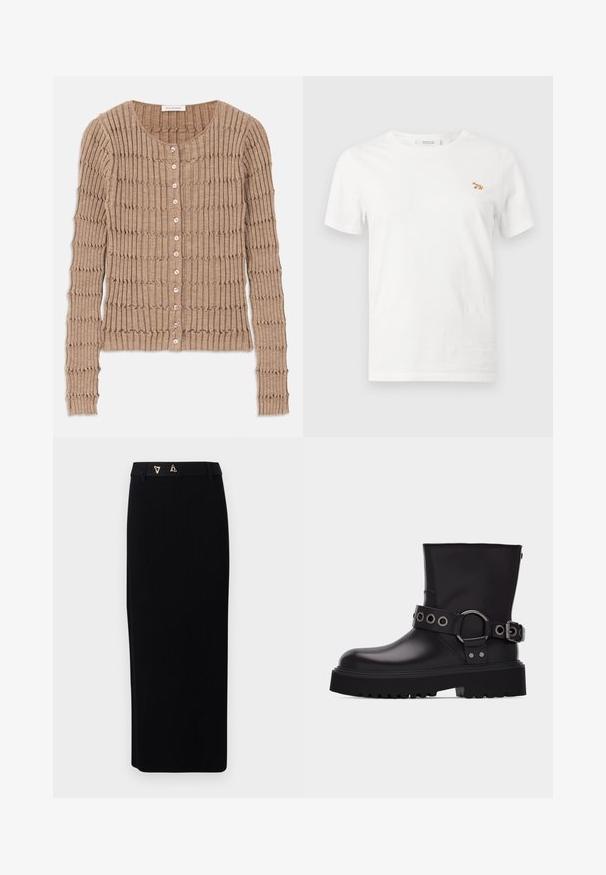 Beige ribbet cardigan lavet af blødt stof, med rund halsudskæring og knaplukning, med et struktureret mønster og lange ærmer.; Hvid kortærmet T-shirt med rund hals og en lille broderet orange ræv på venstre bryst.; AERON FORUM - Pencil skirt - black; Sort læderstøvle til midten af læggen med tyk sål med slidbanemønster, dekorativ rem med sølvmetal-øjer og spænde på siden.