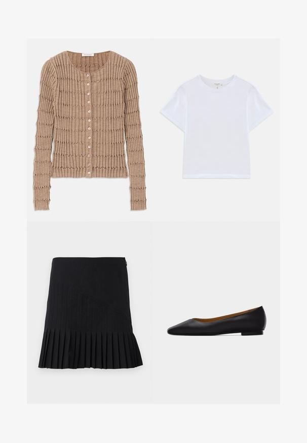 Cárdigan de canalé beige hecho de una tela suave, con un cuello redondo y cierre de botones, con un patrón texturizado y mangas largas.; Camiseta blanca corta hecha de algodón suave, con un cuello redondo y mangas cortas, y un corte ligeramente holgado. Sin patrones ni acentos.; Falda negra plisada con paneles diagonales cosidos, una cintura ajustada y un dobladillo acampanado. Los materiales parecen ligeros y suaves.; Zapato plano de punta puntiaguda de cuero negro con tacón bajo y acabado liso, mostrado de perfil sobre un fondo gris claro.