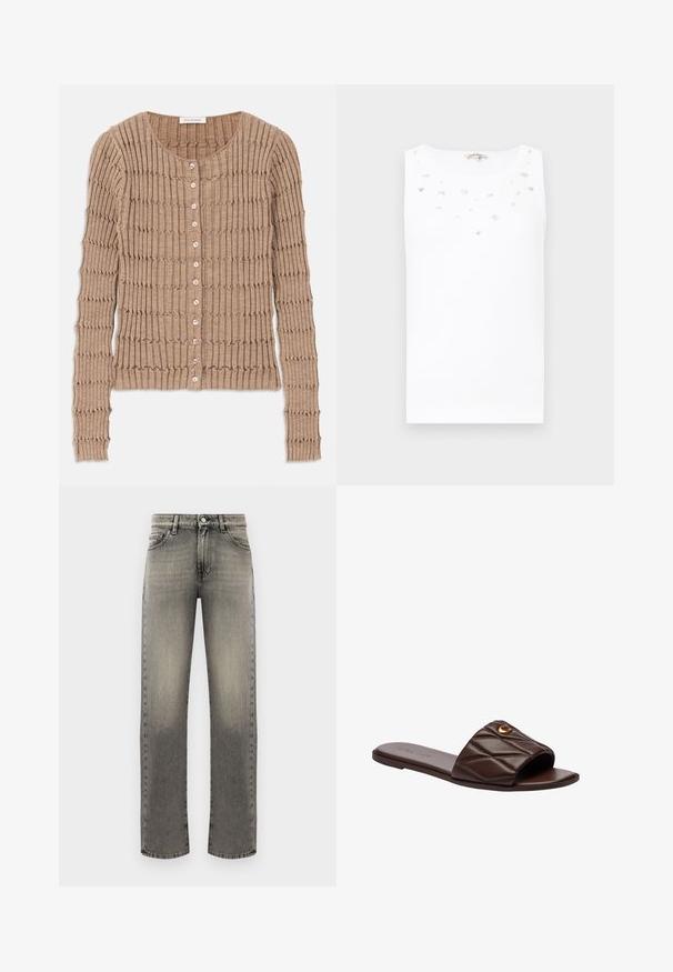 Cárdigan de canalé beige hecho de una tela suave, con un cuello redondo y cierre de botones, con un patrón texturizado y mangas largas.; Top blanco sin mangas con un escote redondeado, que presenta adornos decorativos dispersos y una textura de tela suave y ligera.; Vaqueros de mezclilla gris con un diseño de pierna recta, que presentan un patrón desvanecido, cinco bolsillos y costuras en las costuras y la cinturilla.; Sandalia deslizante de cuero marrón con tira acolchada y pequeño emblema circular dorado sobre fondo blanco.