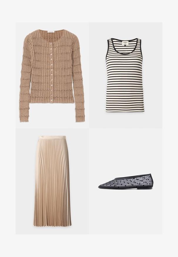 Beige geribde cardigan van zachte stof, met een ronde halslijn en knoopsluiting, voorzien van een textuurpatroon en lange mouwen.; Mouwloos geribd tanktopje met zwart-witte horizontale strepen en zwarte bies rond de halslijn en armsgaten.; Beige geplooide midirok met hoge taille, een gladde tailleband en gelijkmatig verdeelde smalle verticale plooien.; Zwarte platte schoen met puntige neus, doorschijnende stof en zwart polkadotpatroon op een lichte achtergrond.