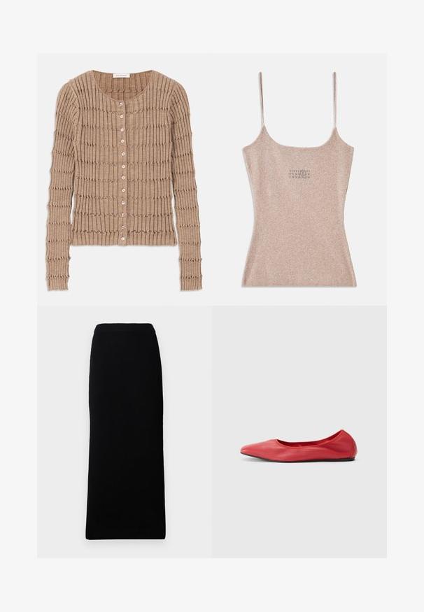 Beige Rippen-Strickjacke aus weichem Material, mit rundem Ausschnitt und Knopfverschluss, versehen mit einem strukturierten Muster und langen Ärmeln.; Rippenshirt in Beige mit dünnen verstellbaren Trägern. Mit einem quadratischen Ausschnitt und einem kleinen Druckdetail in der Mitte.; Schwarzer, gerippter Strick-Midi-Rock, hohe Taille, gerade Passform, knöchellang, nahtloses Design auf weißem Hintergrund.; Filippa K REY FLATS - Klassischer Ballerina - bright red