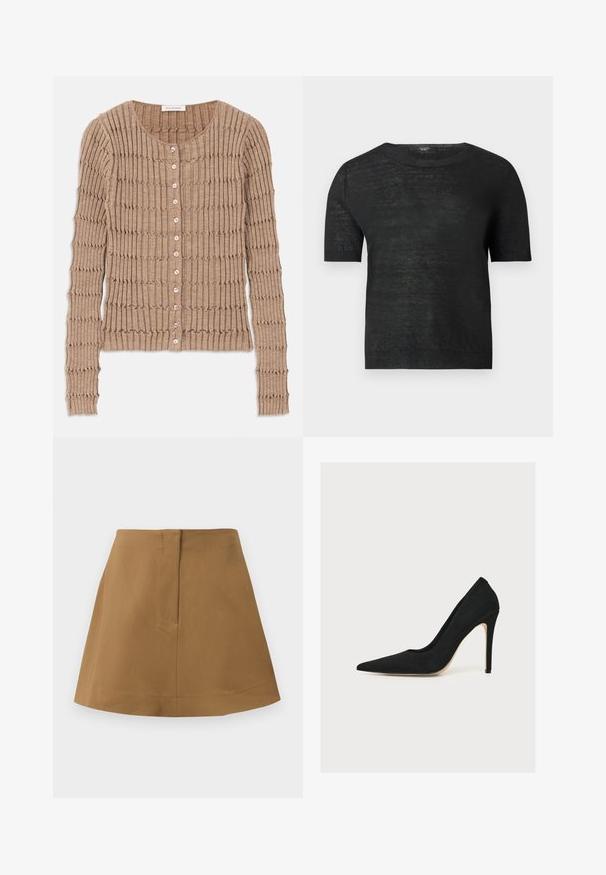 Beige geribde cardigan van zachte stof, met een ronde halslijn en knoopsluiting, voorzien van een textuurpatroon en lange mouwen.; Zwarte gebreide trui met korte mouwen, ronde hals en geribbelde manchetten, zoom en halslijn, getoond op een lichtgrijze achtergrond.; Bruine rok met een uitlopende silhouet, gemaakt van een gladde stof. Kenmerkt zich door een eenvoudige tailleband en een achternaaddetail.; Zwarte pump met spitse neus en dunne hoge naaldhak, van opzij gefotografeerd op een witte achtergrond.