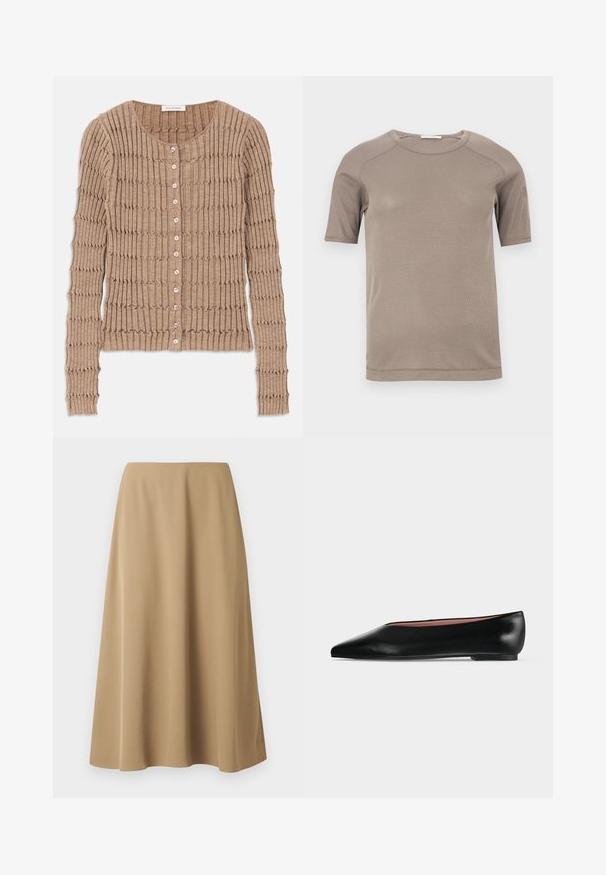Beige Rippen-Strickjacke aus weichem Material, mit rundem Ausschnitt und Knopfverschluss, versehen mit einem strukturierten Muster und langen Ärmeln.; Beiges, kurzärmeliges, geripptes T-Shirt mit Rundhalsausschnitt und sichtbaren Nähten an Ärmel und Kragen, flach auf einem weißen Hintergrund liegend.; Beiger A-Linien-Midirock aus glattem Stoff mit dezenten Nähten, entworfen für eine saubere, schlanke Passform.; Schwarzer flacher Damenleder-Schuh mit spitzer Kappe und niedrigem Absatz, von der Seite auf einfarbigem hellgrauem Hintergrund gezeigt.