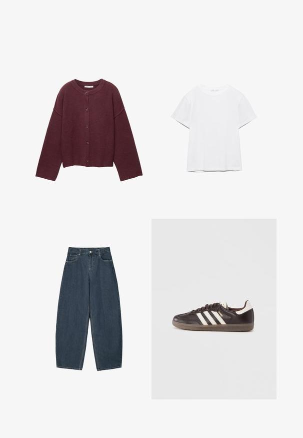 Cardigan en laine bordeaux foncé à boutons, manches longues avec poignets et ourlet côtelés, doté d'un col rond et d'une coupe décontractée.; T-shirt blanc uni à manches courtes et col rond, avec un ourlet droit, présenté sur un fond blanc.; Jeans en denim bleu foncé à jambes larges avec une taille haute, dotés de cinq poches et de détails de couture visibles. Design épuré et minimal.; Baskets en cuir marron foncé avec un design à trois bandes blanches, une semelle en caoutchouc et l'inscription "Samba" en lettres dorées sur le côté. Forme classique basse.