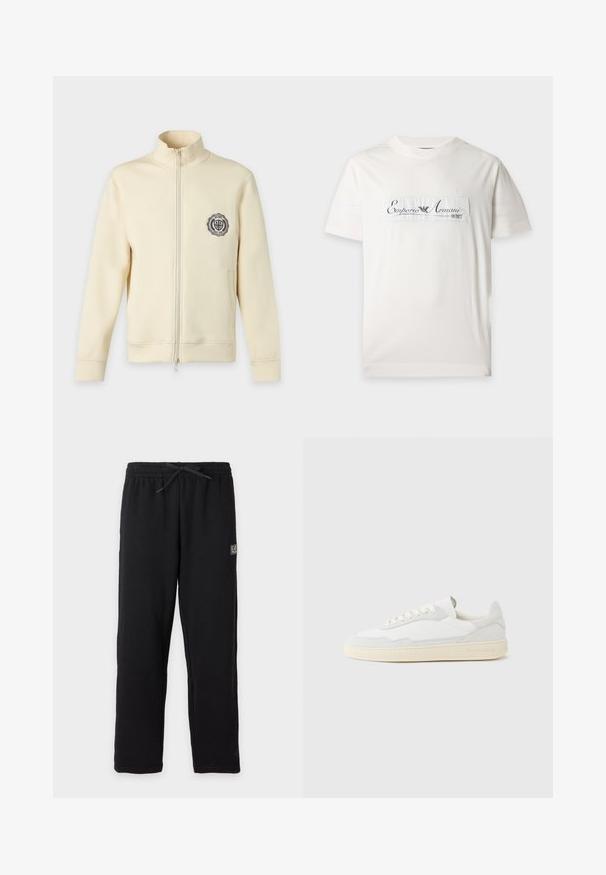 Veste crème zippée avec col haut et petit emblème circulaire noir et blanc sur la poitrine gauche, présentée sur fond blanc.; T-shirt blanc à manches courtes avec une étiquette rectangulaire cousue sur la poitrine affichant "Emporio Armani District" en texte cursif noir.; Pantalon de survêtement noir avec taille élastique et cordon, avec un petit patch logo EA7 rectangulaire sur la partie supérieure de la cuisse gauche.; Baskets blanches avec dessus en daim et cuir texturé. Caractérisées par un bout arrondi, une fermeture à lacets et une semelle en caoutchouc beige contrastante.