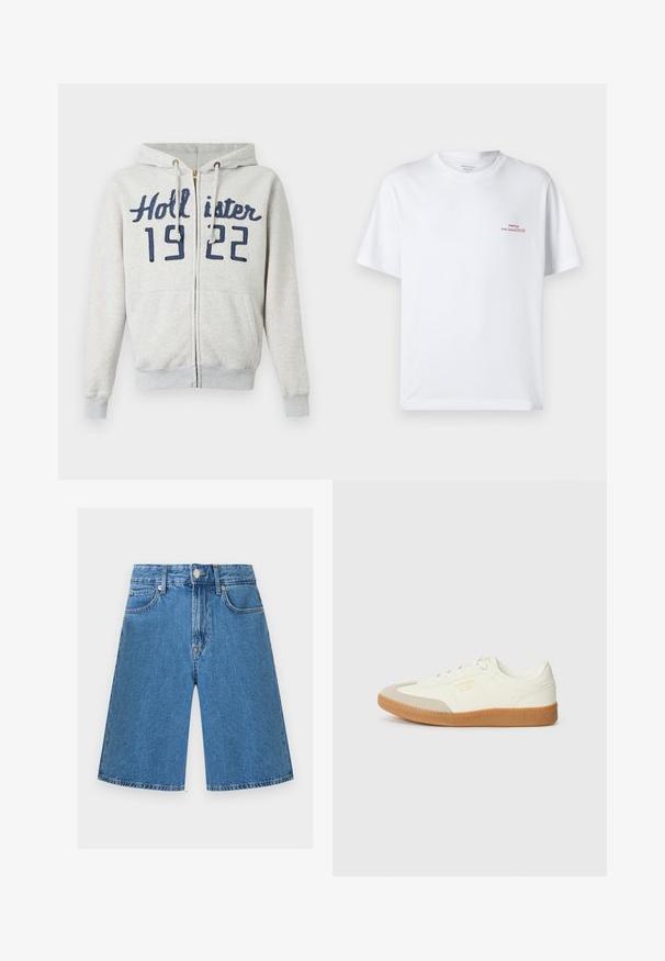 Lichtgrijze hoodie met rits met de tekst "Hollister 1922" in donkerblauw, zakken aan de voorkant, een capuchon met trekkoord en geribde boorden en zoom.; Wit katoenen T-shirt met korte mouwen en een ronde hals, voorzien van kleine rode grafische tekst aan de linkerbovenkant. Zachte textuur en een comfortabele pasvorm.; Blauwe high-waist denim shorts met voorzakken, riemlussen en knoopsluiting, afgebeeld tegen een effen lichte achtergrond.; Schoen gemaakt van wit leer met een beige teenkap en een lichtbruine rubberen zool. Voorzien van platte witte veters en reliëfbranding aan de zijkant.