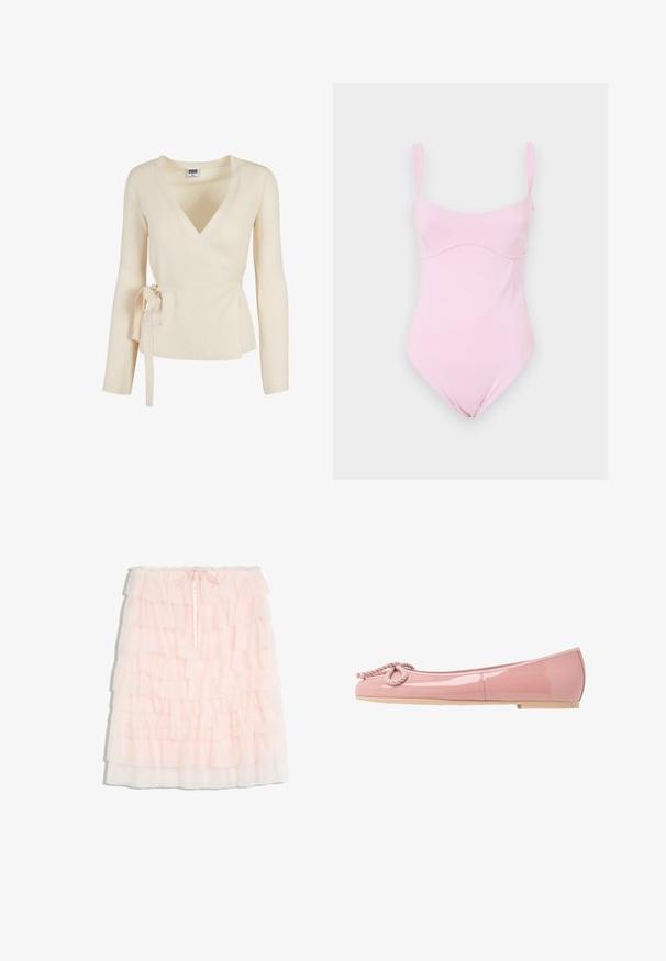 Pull cache-cœur côtelé couleur crème avec manches longues et ceinture à nouer sur le côté, taille XS de la marque Urban Classics.; Good American TANK - Débardeur - flora; Jupe en tulle rose clair à étages avec plusieurs couches à volants et un petit nœud devant à la taille élastique.; Ballerines en cuir verni rose avec un bout arrondi, détail en corde à l'avant et semelle en caoutchouc beige. Fini lisse et brillant sur l'ensemble.