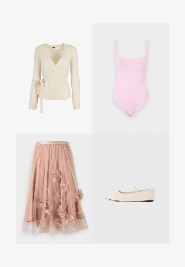 Pull cache-cœur côtelé couleur crème avec manches longues et ceinture à nouer sur le côté, taille XS de la marque Urban Classics.; Good American TANK - Débardeur - flora; Jupe en tulle rose pâle avec une ceinture en satin. Comprend plusieurs couches de tissu transparent et des appliqués floraux en trois dimensions sur toute la surface.; Ballerines en daim beige clair, bout pointu et fine bride élastique sur le dessus. Semelle plate avec un léger accent en caoutchouc.