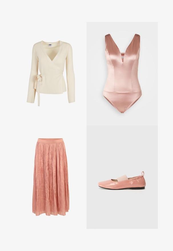 Pull cache-cœur côtelé couleur crème avec manches longues et ceinture à nouer sur le côté, taille XS de la marque Urban Classics.; Maillot de bain en satin rose avec un décolleté en V profond et de larges bretelles. Comprend un corsage ajusté et une culotte courte. Texture lisse.; Jupe plissée mi-longue en tissu rose clair brillant avec taille élastique et texture froissée.; Ballerines synthétiques roses avec une texture brillante, un bout carré et une bande élastique douce sur le cou-de-pied. Semelle en caoutchouc noire et tirette à l'arrière.