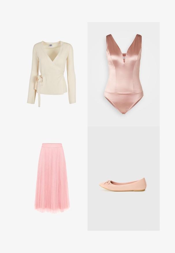 Pull cache-cœur côtelé couleur crème avec manches longues et ceinture à nouer sur le côté, taille XS de la marque Urban Classics.; Maillot de bain en satin rose avec un décolleté en V profond et de larges bretelles. Comprend un corsage ajusté et une culotte courte. Texture lisse.; zero MIT PLIESSENDEM BECHER - Jupe plissée - bridal rose; Ballerine en matériau synthétique rose clair avec un bout arrondi, ornée d'un petit nœud et d'une semelle flexible.