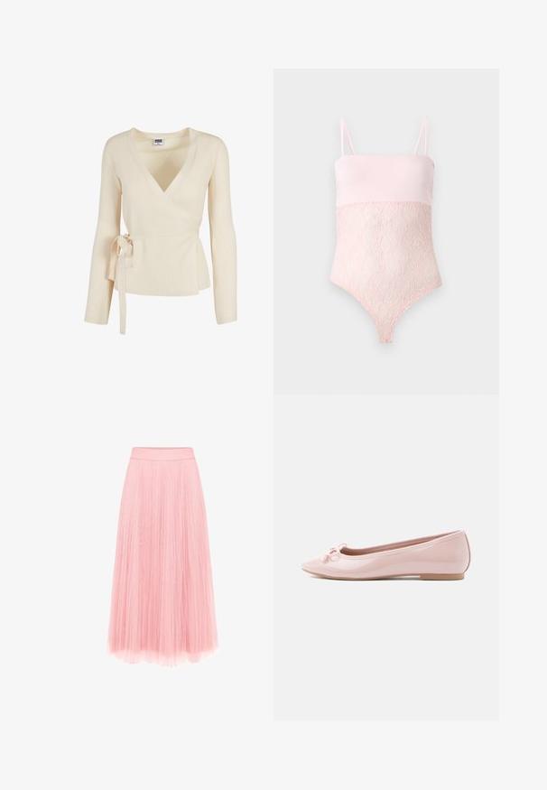 Pull cache-cœur côtelé couleur crème avec manches longues et ceinture à nouer sur le côté, taille XS de la marque Urban Classics.; Body en dentelle rose clair avec bretelles spaghetti et une partie supérieure lase sur un fond clair uni.; zero MIT PLIESSENDEM BECHER - Jupe plissée - bridal rose; Ballerine rose en cuir verni avec un bout pointu et un nœud décoratif à l'avant. Elle présente une semelle plate et un design sans coutures.