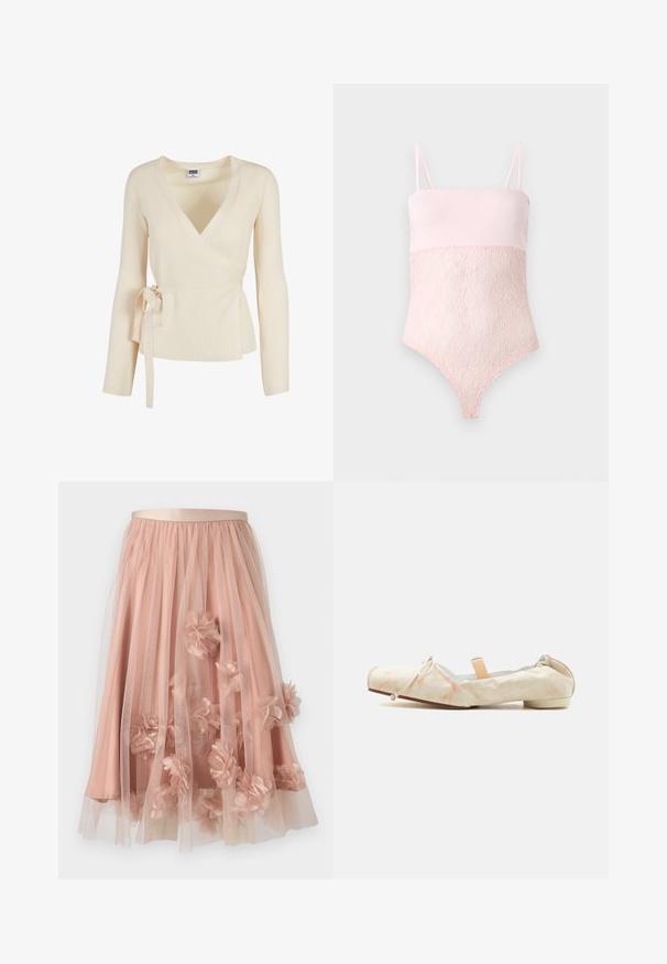 Haut enveloppant beige à côtes avec un décolleté en V profond, des manches longues et un détail noué à la taille. Texture douce avec un motif subtil.; Body en dentelle rose clair avec bretelles spaghetti et une partie supérieure lase sur un fond clair uni.; Jupe en tulle rose pâle avec une ceinture en satin. Comprend plusieurs couches de tissu transparent et des appliqués floraux en trois dimensions sur toute la surface.; Ballerine en tissu doux beige avec un petit talon, un dos élastique, un détail de nœud sur l'orteil et une sangle élastique pêche traversant le cou-de-pied.