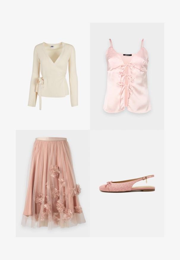 Pull cache-cœur côtelé couleur crème avec manches longues et ceinture à nouer sur le côté, taille XS de la marque Urban Classics.; Camisole en satin rose avec des bretelles spaghetti réglables, dotée d'une fermeture à nouer à l'avant avec des anses et d'un décolleté en V. Texture lisse et lignes épurées.; Jupe en tulle rose pâle avec une ceinture en satin. Comprend plusieurs couches de tissu transparent et des appliqués floraux en trois dimensions sur toute la surface.; Chaussure slingback plate rose avec tissu texturé, nœud sur l’orteil arrondi, bride de cheville avec boucle dorée et breloque, et semelle basse marron.