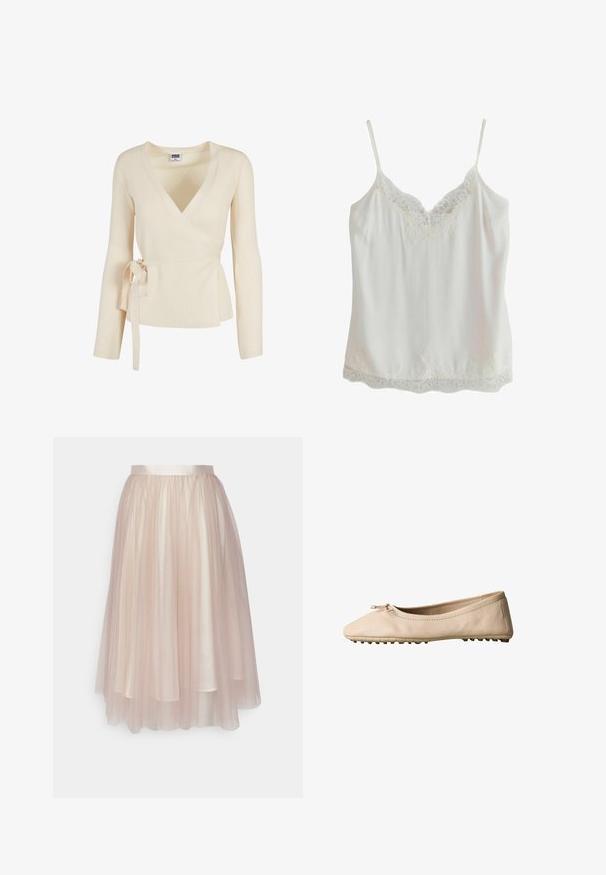 Haut enveloppant beige à côtes avec un décolleté en V profond, des manches longues et un détail noué à la taille. Texture douce avec un motif subtil.; Camisole blanche sans manches avec fines bretelles et bordure en dentelle au niveau de l'encolure et de l'ourlet, fabriquée en tissu lisse.; Ida Sjöstedt FLAWLESS SKIRT - Jupe trapèze - warm beige; Chaussure ballerine beige avec bout arrondi, petit détail de nœud et semelle texturée pour l'adhérence, vue de côté sur fond blanc.