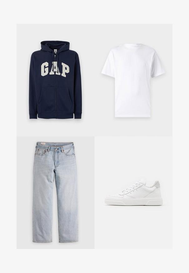 GAP HERITAGE LOGO - Φούτερ με φερμουάρ - tapestry navy; Λευκό κοντομάνικο μπλουζάκι από βαμβάκι με στρογγυλή λαιμόκοψη, διαθέτοντας λεία υφή και απλό σχέδιο χωρίς μοτίβα ή διακοσμήσεις.; Ανοιχτό μπλε τζιν με ίσια γραμμή, ψηλή μέση, κλείσιμο με κουμπί και μπροστινές και πίσω τσέπες, τοποθετημένα σε επίπεδη επιφάνεια.; Λευκά δερμάτινα αθλητικά παπούτσια με απλή επιφάνεια, στρογγυλή μύτη, επίπεδα κορδόνια και ανάγλυφη σόλα. Γκρι σουέτ λεπτομέρεια στη φτέρνα.
