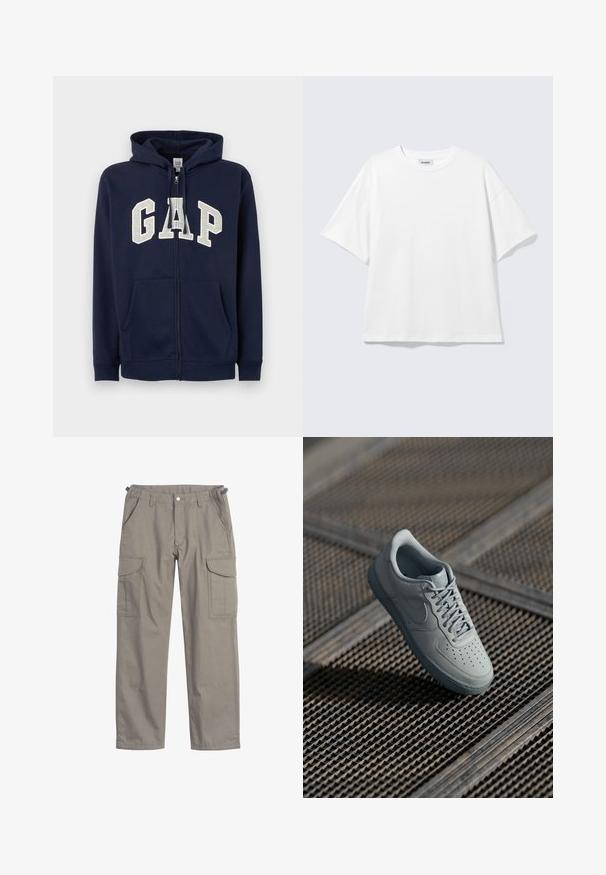 GAP HERITAGE LOGO - Sweatjakke - tapestry navy; Hvid oversized t-shirt med korte ærmer og rund halsudskæring med sænkede skuldre, fladt lagt på lys grå baggrund.; Cargo bukser i lysegrå stof, med to store sidelommer, frontlommer, knappelukning og en løs pasform.; Grå lædersneaker med perforeret tå, flade snørebånd, polstret krave og struktureret gummisål. Har en subtil brandingdetalje.