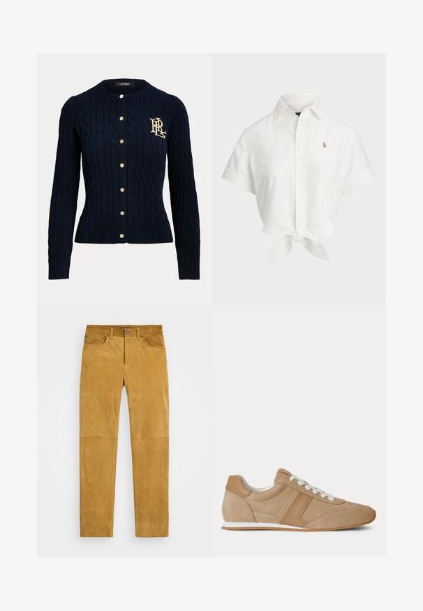Marineblå kabelstrikket cardigan med guldknapper og broderet monogram på venstre bryst, lange ærmer og ribstrikkede manchetter og kant.; Hvid kortærmet skjorte lavet af bomuld, med en bundet kant, spids krave og lille broderet logo på venstre bryst.; Lyse ruskindsbukser med en glat tekstur, fem lommer og et lige ben-design. Har metalbeslag ved lommerne og en knaplukning.; Lysebrun ruskind og læder lavtop-sneaker med hvide snørebånd og hvid gummisål vist fra siden på en hvid baggrund.