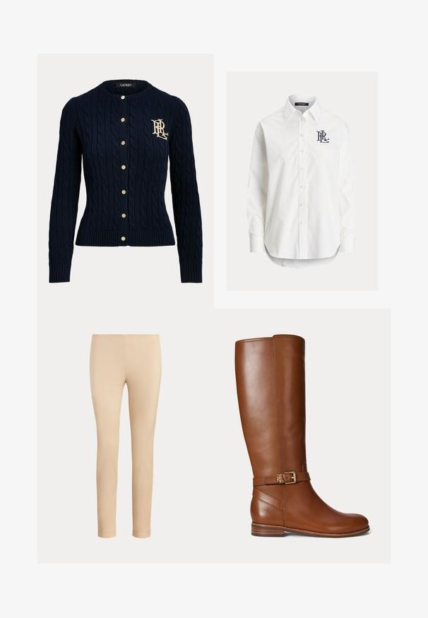 Námornícky modrý sveter cardigan s pleteným vrkočovým vzorom, zlatými gombíkmi a vyšívaným monogramom na ľavej strane hrudníka, s dlhými rukávmi a rebrovanými manžetami a lemom.; Biela košeľa s dlhým rukávom na gombíky, so špicatým golierom a čiernym vyšitým logom na ľavej strane hrude.; Béžové slim fit nohavice do členkov s hladkým povrchom bez viditeľných vreciek alebo ozdôb na jednofarebnom pozadí.; Hnedá kožená čižma po kolená s malou zlatou prackou a logom "RL" na remienku pri členku, s plochým podpätkom a hladkým povrchom.