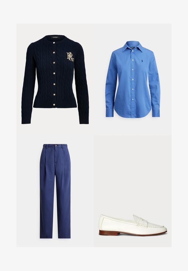 Marineblå kabelstrikket cardigan med guldknapper og broderet monogram på venstre bryst, lange ærmer og ribstrikkede manchetter og kant.; Blå langærmet skjorte med knapper og spids krave samt lille broderet logo på venstre bryst, vist på hvid baggrund.; Marineblå bukser med en lige pasform, der har forreste folder, knaplukning og et glat bomuldsstof. Simpelt design uden mønstre.; Hvide læder loafers med en struktureret overflade, rund tå og vævet detalje. Lavt træhæl og minimalistisk design.
