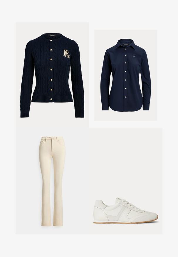 Námornícky modrý sveter cardigan s pleteným vrkočovým vzorom, zlatými gombíkmi a vyšívaným monogramom na ľavej strane hrudníka, s dlhými rukávmi a rebrovanými manžetami a lemom.; Tmavomodrá košeľa s dlhým rukávom na gombíky, so špicatým golierom a malým bielym vyšívaným logom na ľavej strane hrude.; Béžové zvonové džínsy s vysokým pásom, dvoma prednými vreckami a zapínaním na gombík. Hladká textúra a minimálne detaily zošívania.; Biela nízka teniska so šnurovaním vpredu, zsemišovými a koženými panelmi a svetlohnedou gumovou podrážkou na bielom pozadí.