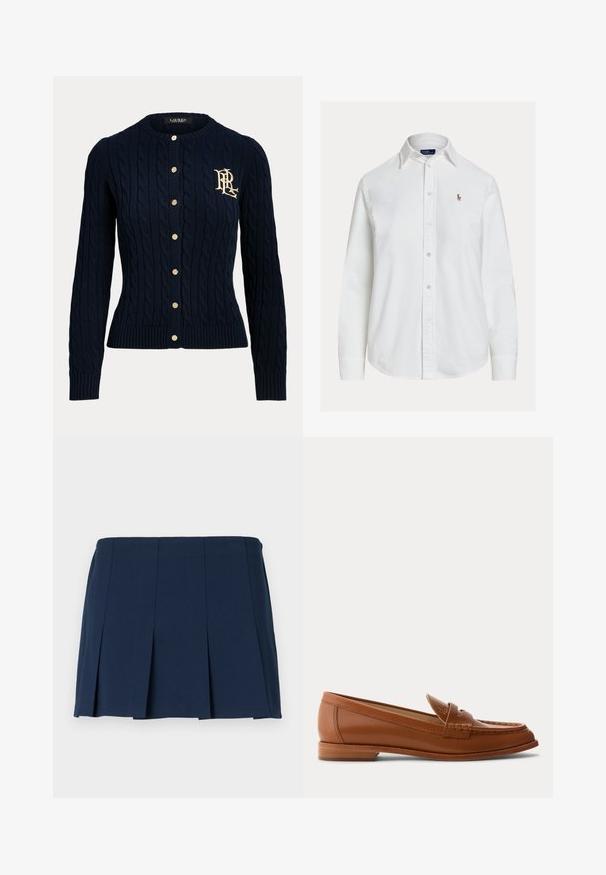 Navyblauwe kabelgebreide cardigan met gouden knopen en geborduurd monogram op de linkerborst, lange mouwen en geribde boorden en zoom.; Wit overhemd met lange mouwen, knoopsluiting en kraag en een klein geborduurd logo op de linkerborst, weergegeven op een effen achtergrond.; Marineblauwe geplooide minirok met een rechte tailleband, gemaakt van een gladde stof. Bevat verticale stiksels langs de plooien.; Bruine leren loafer met lage houten hak, klassieke pennyriem en gestikte details langs de neus en zijkanten.