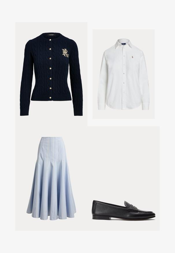 Námornícky modrý sveter cardigan s pleteným vrkočovým vzorom, zlatými gombíkmi a vyšívaným monogramom na ľavej strane hrudníka, s dlhými rukávmi a rebrovanými manžetami a lemom.; Biela košeľa s dlhými rukávmi na gombíky, golierom a malým vyšívaným logom na ľavej strane hrude, zobrazená na jednoduchom pozadí.; Svetlomodrá dlhá sukňa s vertikálnymi bielymi tenkými prúžkami a rozšírenými panelovými detailmi, zobrazená na jednoduchom pozadí.; Čierny textúrovaný kožený mokasín s nízkym podpätkom a klasickým remienkom na mincu, zobrazený z profilu na jednoduchom svetlom pozadí.