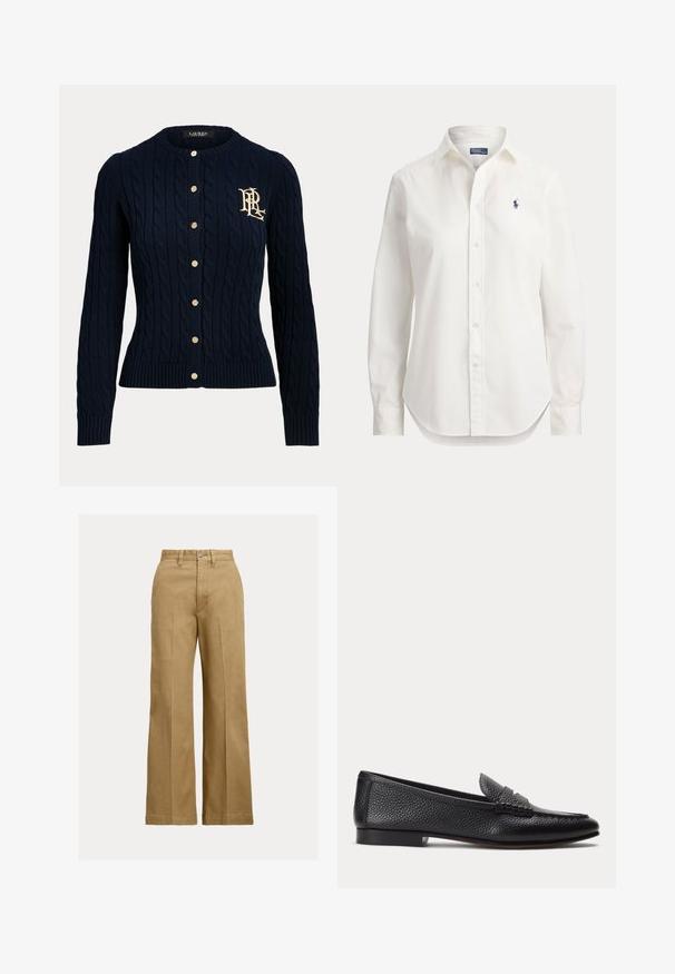 Námornícky modrý sveter cardigan s pleteným vrkočovým vzorom, zlatými gombíkmi a vyšívaným monogramom na ľavej strane hrudníka, s dlhými rukávmi a rebrovanými manžetami a lemom.; Biela košeľa s dlhými rukávmi na gombíky, s golierom a malým modrým logom hráča póla na ľavej strane hrudníka.; Béžové nohavice na široké nohy s prednými skladmi, pútkami na opasok a zapínaním na gombík na obyčajnom svetlom pozadí.; Čierny textúrovaný kožený mokasín s nízkym podpätkom a klasickým remienkom na mincu, zobrazený z profilu na jednoduchom svetlom pozadí.