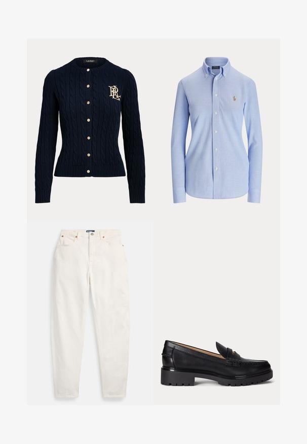 Marineblå kabelstrikket cardigan med guldknapper og broderet monogram på venstre bryst, lange ærmer og ribstrikkede manchetter og kant.; Lyseblå langærmet skjorte med knapper, knappet krave og lille broderet logo på venstre bryst.; Hvide høj-taljede jeans med lige ben, foran knap og lynlås, fem-lommer design og Polo mærkeetiket på linningen.; Sort læderloafer med grov rillede såler, lav hæl og dekorativ rem over fronten.